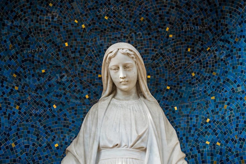 Marble Madonna in front of a blue mosaic, Wissembourg, Weissenburg, Alsace, Bas-Rhin department, France