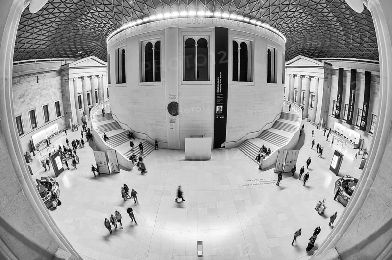 Extreme wide angle view, fisheye, black and white photo of the Great Court of the British Museum in London, England, Great Britain