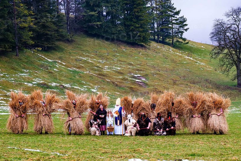 Nikolaus and Engerl with Buttnmandl and Krampus, Bischofswiesen, Berchtesgadener Land, Upper Bavaria, Bavaria, Germany