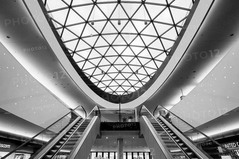 Modern architecture, black and white photography, interior view of the Sihlcity shopping center in Zurich, Canton of Zurich Switzerland