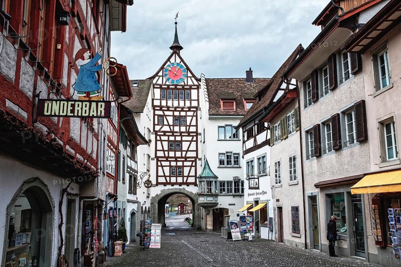 Picturesque old town of Stein am Rhein with the historic Untertor, city gate with its distinctive clock, Canton of Schaffhausen, Switzerland