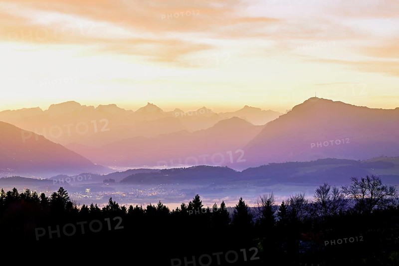 View from Horben of the midlands lying in fog, behind it the Alps with the Rigi, Beinwil-Freiamt, Canton, Aargau, Switzerland
