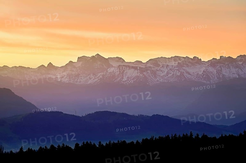 Snow-covered Central Switzerland Alps in the light of dawn, Horben, Beinwil-Freiamt, Canton, Aargau, Switzerland