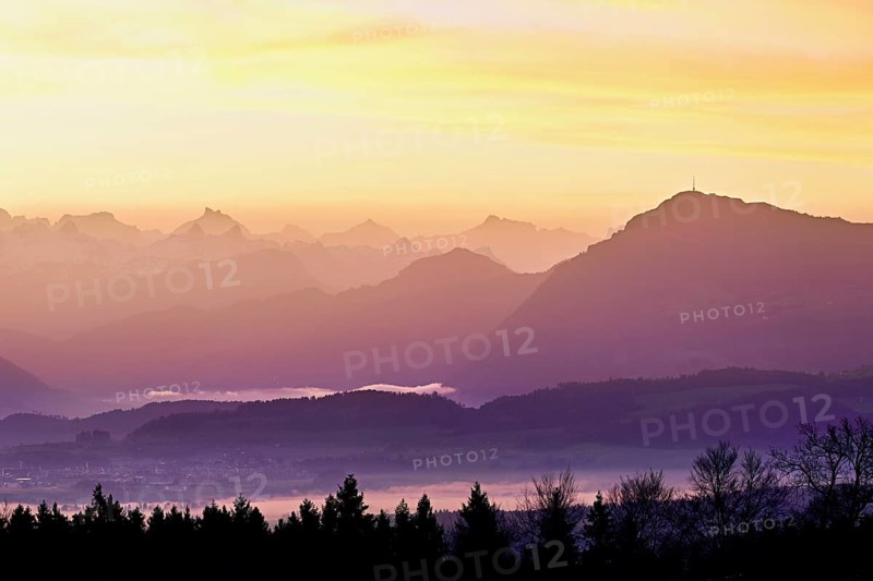 View from Horben of the midlands lying in fog, behind it the Alps with the Rigi, Beinwil-Freiamt, Canton of Aargau, Switzerland
