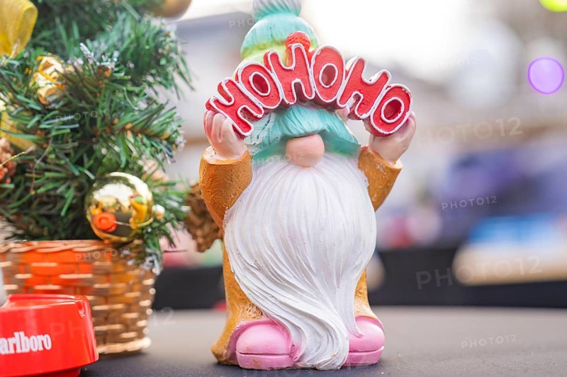 Christmas gnome with 'Ho Ho Ho' sign next to decorated Christmas tree, Sindelfingen, Böblingen district, Germany