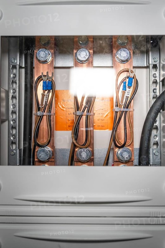 Open control box with visible copper lines and wiring, electrician, new building, Germany