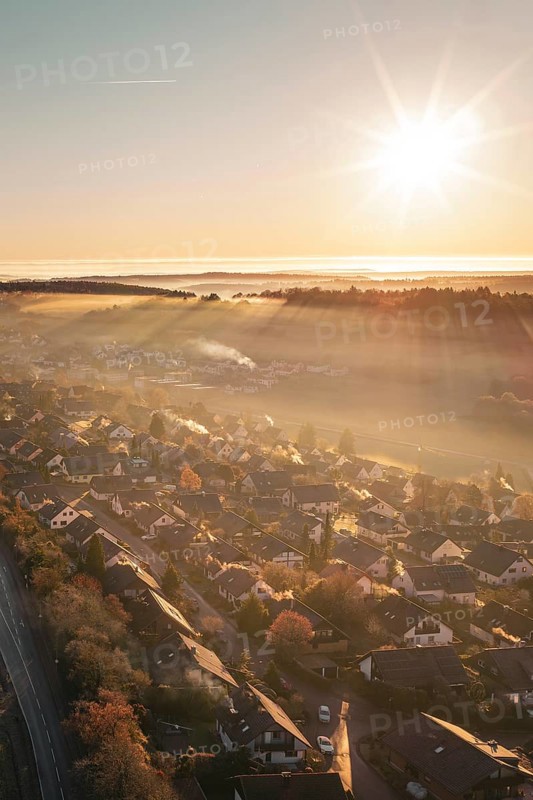 A village under golden sunlight with rays illuminating a warm autumn landscape, Gechingen, Hecken and GÃ¤u region, Calw district, Germany