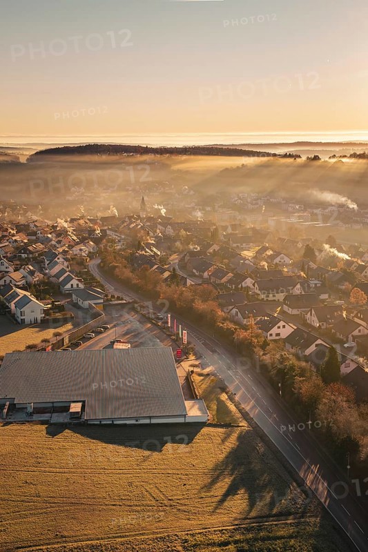 Aerial view of a village in morning fog with autumnal atmosphere and sunlight, Gechingen, Hecken and GÃ¤u region, Calw district, Germany