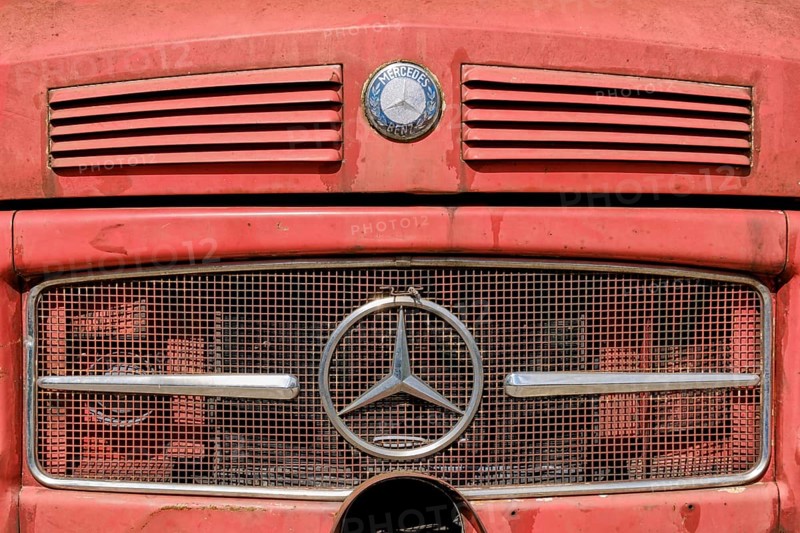 Close-up of a weathered Mercedes-Benz truck, classic car with logo, emblem, from the so-called Kurzhauber series, which was popular in the 1950s, 60s and 70s, Baden-WÃ¼rttemberg, Germany