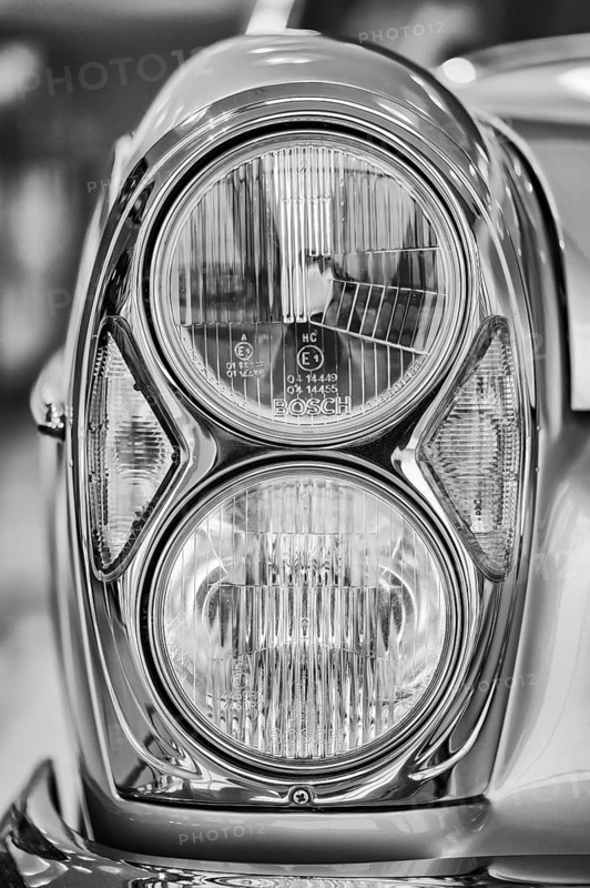 Detailed view, black and white photography, twin headlights for various classic Mercedes-Benz models, manufactured by Bosch. It was used in vehicles of the W108, W109, W111 and W112 series, which were produced from the 1960s to the early 1970s, Stuttgart, Baden-WÃ¼rttemberg, Germany