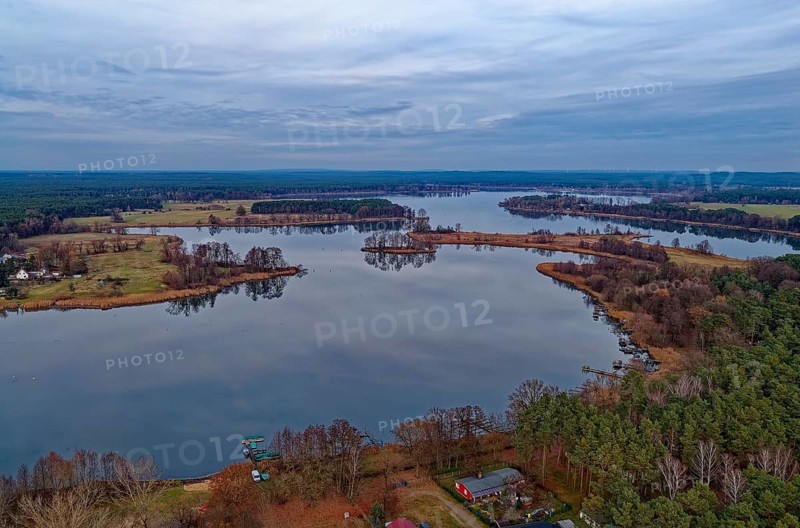 Neuendorfer See in the evening near Alt Schadow, MÃ¤rkische Heide, in the Spreewald UNESCO Biosphere Reserve. aerial view. Alt Schadow, Brandenburg, Germany
