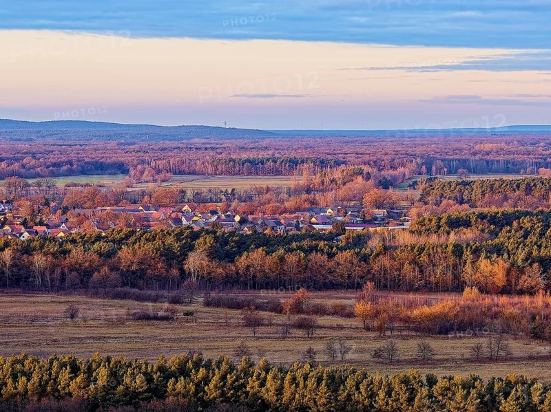 Mixed autumn forest in the evening near LÃ¼bben in the Dahme-Spreewald district in Lower Lusatia. Spreewald UNESCO Biosphere Reserve. aerial view. LÃ¼bben, Brandenburg, Germany