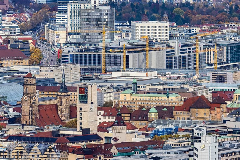 View from Santiago de Chile Square of the city center of the state capital Stuttgart with buildings, architecture and sights. Stuttgart, Baden-WÃ¼rttemberg, Germany