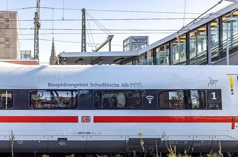 ICE at Ulm Central Station. The high-speed train is called the Swabian Alb Biosphere Reserve. Ulm, Baden-WÃ¼rttemberg, Germany