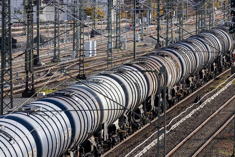 Freight train with tank car traveling through UntertÃ¼rkheim, Stuttgart, Baden-WÃ¼rttemberg, Germany