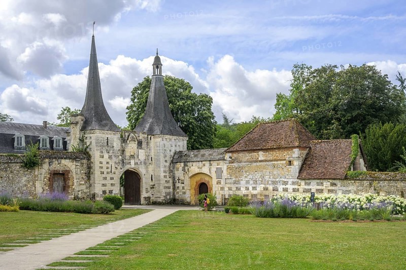 Double tower with entrance gate at the Abbey of, Le Bec-Hellouin, Eure, France