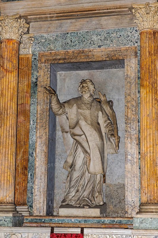 Statue sculpture of martyr St. Rasio in ancient Roman temple Pantheon di Agripppa, Catholic church since 609 AD Basilica of Santa Maria ad Martyres, Rome, Lazio, Italy