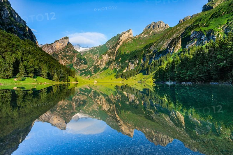 Seealpsee, in Alpstein, SÃ¤ntis in the background, Appenzell, Switzerland