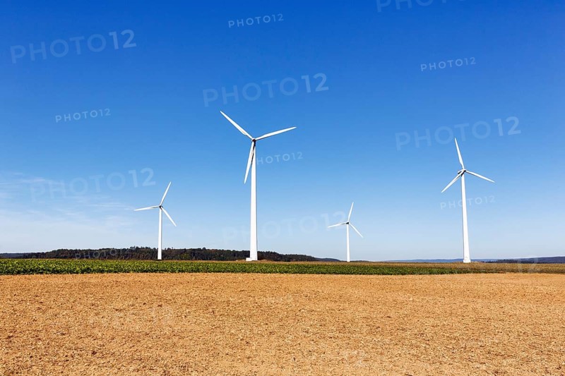 Wind farm, wind turbine, fields, blue sky, GÃ¶ttingen, Germany