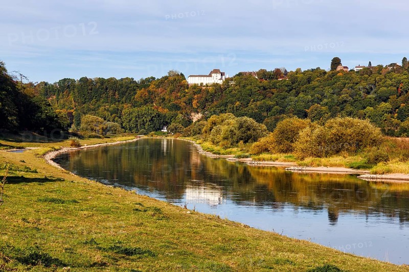 Picturesque landscape with wooded hills and floodplain landscapes, Weser banks, river landscape, FÃ¼rstenberg Castle, Beverungen, Weser Hills, Germany