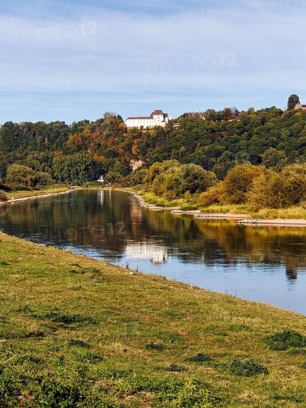 Picturesque landscape with wooded hills and floodplain landscapes, Weser banks, river landscape, FÃ¼rstenberg Castle, Beverungen, HÃ¶xter, Weser Hills, Germany