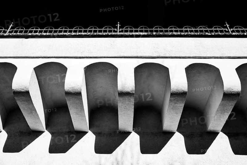 Architectural structures of a bridge with strong shadows in black and white photography, Radolfzell am Lake Constance, Konstanz district, Baden-WÃ¼rttemberg, Germany