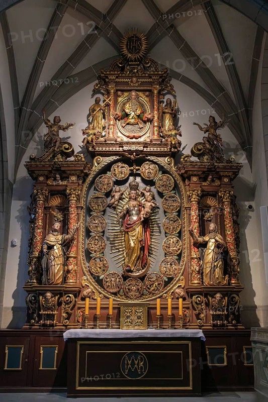 Magnificent rosary altar in Radolfzell Minster with figures of saints and golden decoration, district of Constance, Baden-WÃ¼rttemberg, Germany