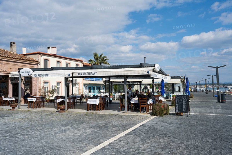 Seaside restaurant with outdoor seating area under blue and white skies, relaxed atmosphere and palm trees, Alibey, Alibey AdasÄ± Island, Ayvalik Islands, Aegean Sea, Turkey