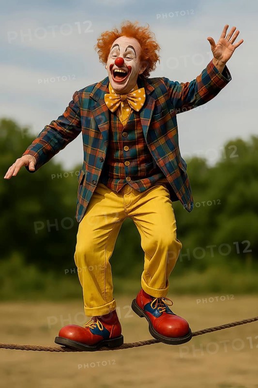 A clown with a clown nose, big shoes and costume balances on a rope, symbolic picture acrobatics, clowning, fun, art, artist, laughter, comedy, comedian, fair, folk festival, performance, AI generated, AI generated