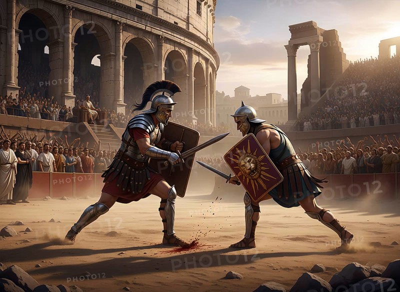 Two gladiators with helmet, shield and sword fight in a Roman arena, symbol ancient, Roman, gladiator fights, Roman Empire, history, combat, sword fighting, AI generated, AI generated