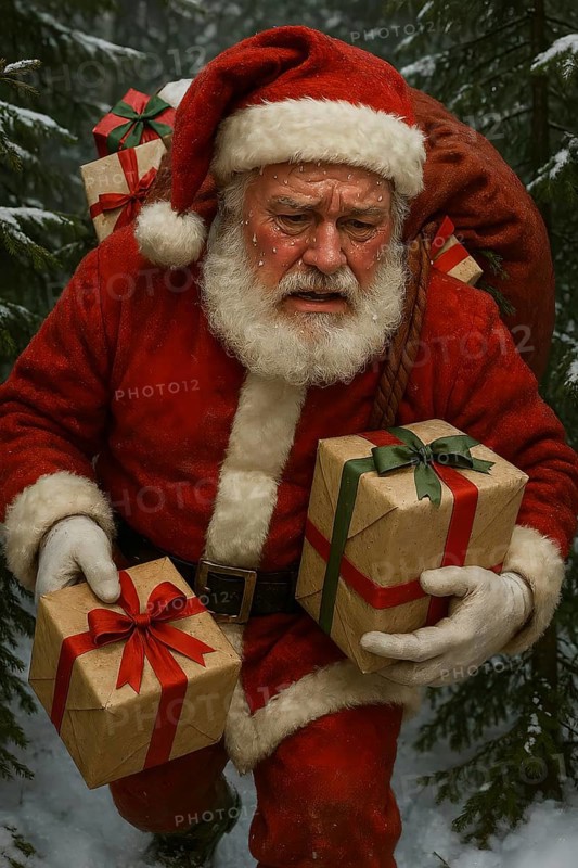 Santa Claus drags a bag full of presents sweating through the snowy forest, symbol Christmas, gift package, giving, abundance, sumptuous, AI generated, AI generated