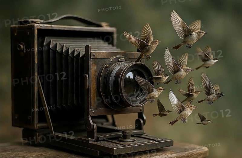 A flock of birds flies out of a camera lens, symbolic image photo, photograph, plate camera, snap, AI generated, AI generated