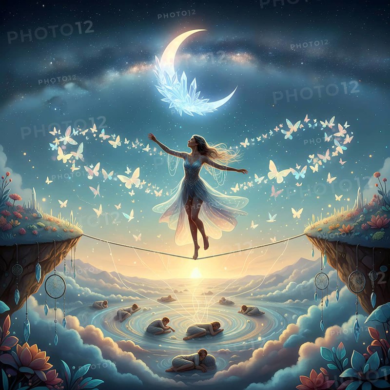 In a dream world, a young woman balances on a rope across an abyss, symbolic image dream, fantasy, fantasy world, dream dancer, dream dancer, enthusiast, fantasize, dreamer, dreamer, surreal, surrealistic, illusionary, AI generated, AI generated