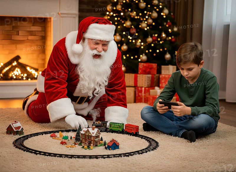 Santa Claus is happily playing with a toy train, a boy looks bored at his cell phone, symbol photo mobile phone, Christmas, gift, Internet, digital media, abuse, boredom, AI generated, AI generated