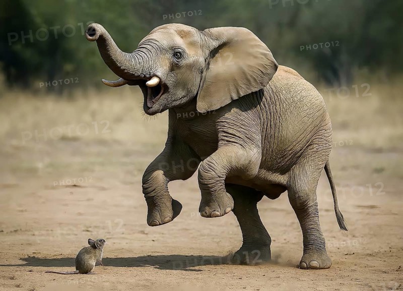 An elephant is startled by a mouse and stands on its hind legs, symbol of fear, panic, fright, fearful, panicked, headless, hectic, AI generated, AI generated