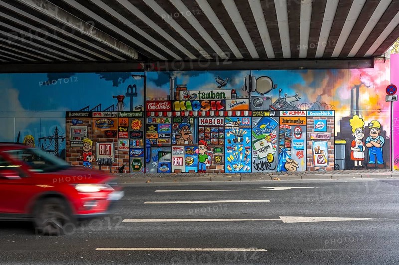 Huge street art pictures in a road tunnel in Gelsenkirchen, the approximately 120 meter long railway underpass of WickingstraÃŸe was extensively painted and sprayed on both sides by 11 Gelsenkirchen graffiti artists and collectives, over a total length of 174 meters, the wall paintings showed motifs from Gelsenkirchen history, from economy, coal, steel, soccer, culture, life, on the 150th anniversary of the city on 29.11.11.25, North Rhine-Westphalia, Germany