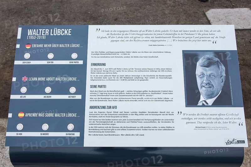 Information board about Walter LÃ¼bcke on Walter LÃ¼bcke Platz in front of the Konrad Adenauer Haus, the party headquarters of the Christian Democratic Union (CDU) on 2 December 2025. The square was erected by the Centre for Political Beauty (ZPS) and approved by the Berlin Mitte district authority for two years. Walter LÃ¼bcke was a member of the Hessian state parliament for the CDU and was murdered by an AfD supporter on 2 June 2019