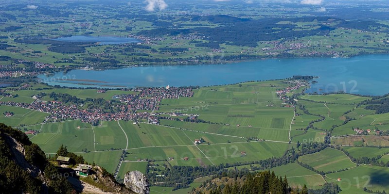 Panorama from Tegelberg, 1881m, on Schwangau, Waltenhofen, Hopfensee and Forggensee, OstallgÃ¤u, Bavaria, Germany
