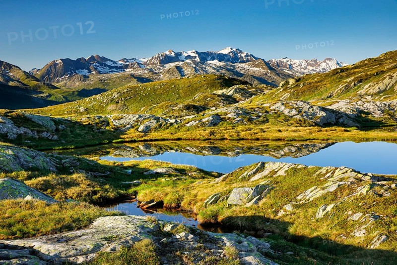 View of the Grimsel Pass with the Ticino Alps and Corno Cieco in the background, Switzerland