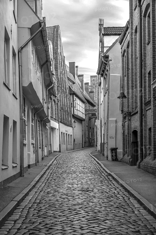 Alley of LÃ¼beck's old town with historic residential buildings, black and white, Seventh QuerstraÃŸe, Hanseatic City of LÃ¼beck, Schleswig-Holstein, Germany