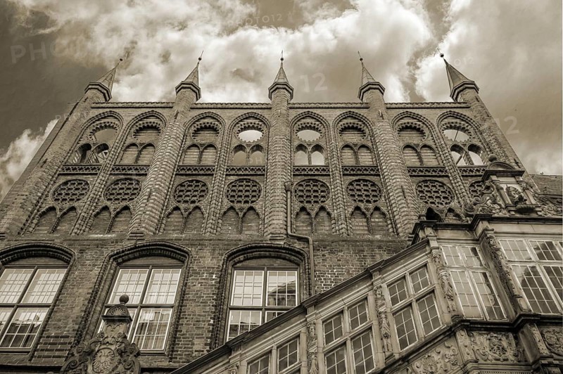 Part of the town hall, built around 1240, Sepia, Hanseatic City of LÃ¼beck, Schleswig-Holstein, Germany