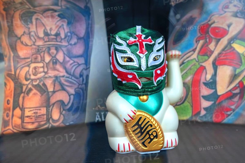Junky punch, this waving cat with Lucha Libre mask beckons luck twice as fast as conventional models, shop windows, Mecklenburg-Western Pomerania, Germany