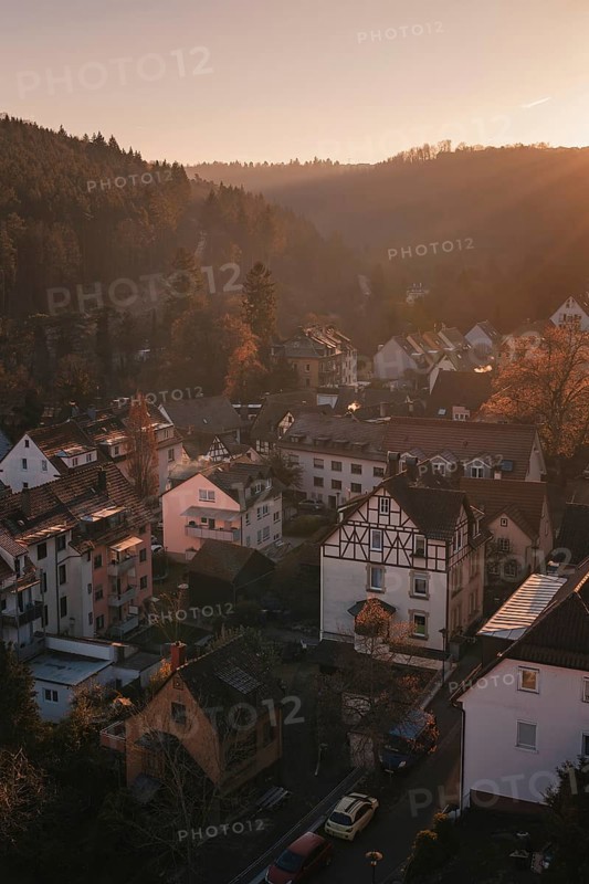 View of a village in a hilly landscape, with half-timbered houses and a harmonious sunset, Dillweisenstein, Pforzheim, Germany