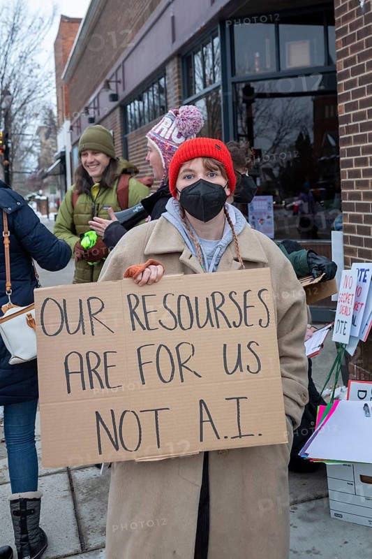 Saline, Michigan USA - 1 December 2025 - Rural Michigan residents rally against the $7 billion Stargate data center planned on southeast Michigan farm land. Protesters say the Data Center is being fast tracked by DTE Energy, the large electric utility, and that it could raise residential electricity rates and endanger the water supply
