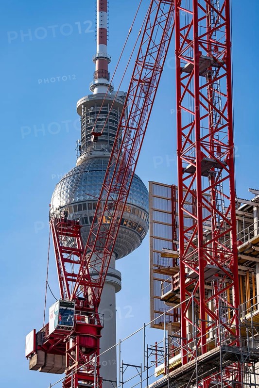 Construction site of the Covivio high-rise building in the vicinity of Alexanderplatz in Berlin, mixed use of apartment, offices, retail and a daycare center, Berlin TV Tower dome, Germany