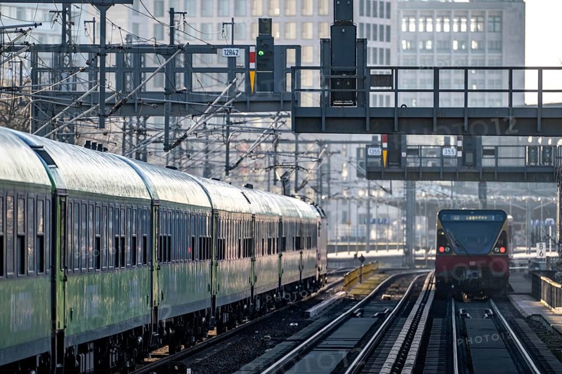 S-Bahn train and Flixtrain train on the route, near Tiergarten station, Berlin, Germany