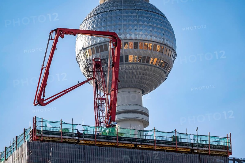 Construction site of the Covivio high-rise building in the vicinity of Alexanderplatz in Berlin, mixed use of apartment, offices, retail and a daycare center, Berlin TV Tower dome, Germany