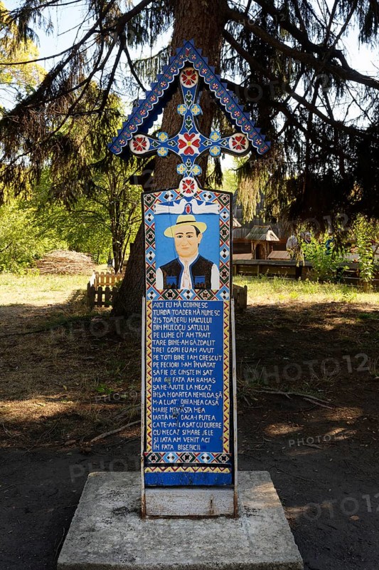 Wooden Grave cross from The Merry Cemetery of Sapanta in Maramures, Village Museum, Bucharest, Romania