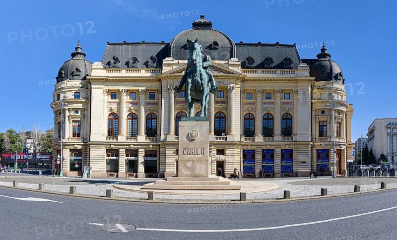 University library with the equestrian statue of King Charles I of Romania, Bucharest, Romania