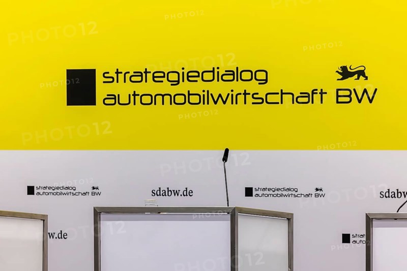 Annual event on the BW Automotive Industry Strategy Dialogue (SDA) in Stuttgart. Stage with logo and lectern. Automotive industry conference. Stuttgart, Baden-WÃ¼rttemberg, Germany